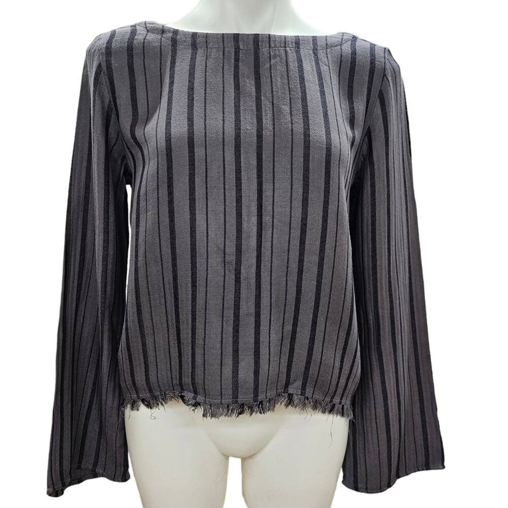 Cloth and Stone Top Womens Size XS Striped Linen Blend Button Back Gray Black